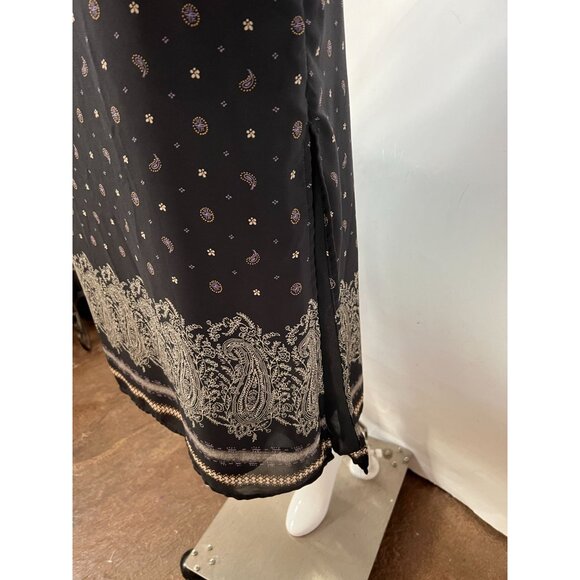 Vintage Black Midi Skirt sz 10 With Paisley & Floral Print Side Slit Button Clo - Picture 3 of 15
